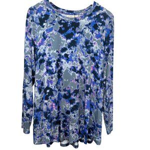 LOGO Lori Goldstein Tunic Tee Medium Blue Gray Tie Dye Long Sleeve Boho NWOT